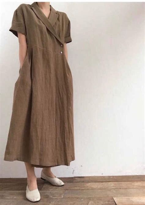 Minimalist V Neck Collar Linen Wrap Dress With Shell Buttons Etsy