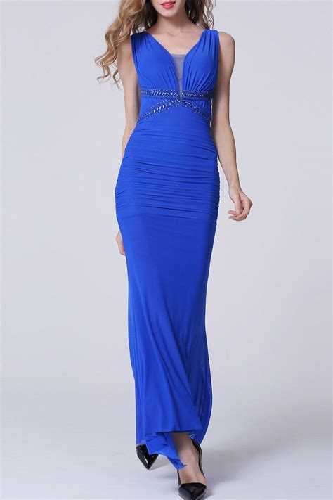 Sapphire Blue L Backless Maxi Ruched Formal Slim Prom Dress