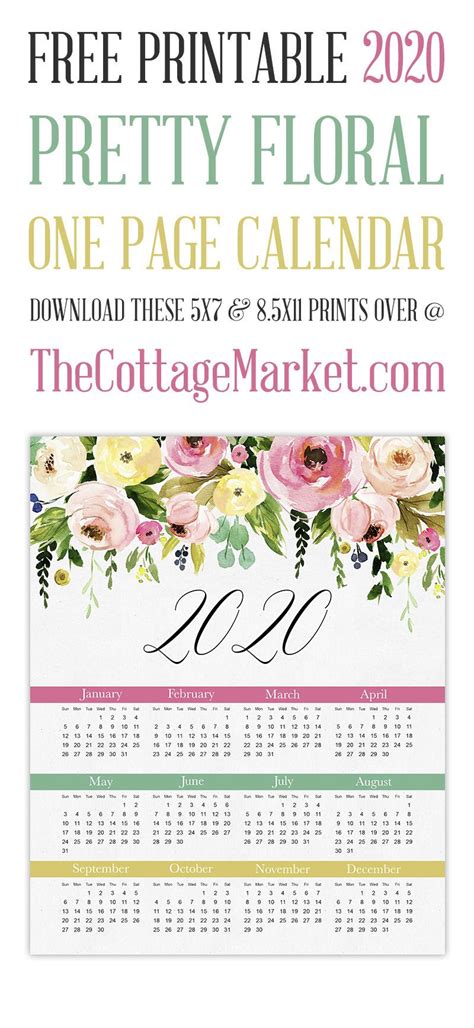 The Cottage Market 2020 Printable Pretty Floral One Page Calendar
