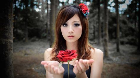 brunette hands rose asian flower in hair women model women outdoors mikako zhang kaijie