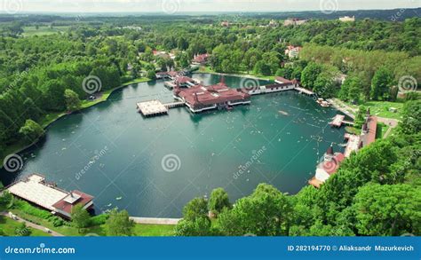 Natural Thermal Lake Heviz In Hungary Aerial View Stock Footage