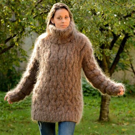 Thick Hand Knit Mohair Sweater Cable Brown Fuzzy Turtleneck Etsy