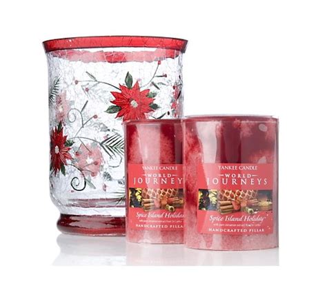 Yankee Candle Red Poinsettia Hurricane Candle Holder With 2 Pillars