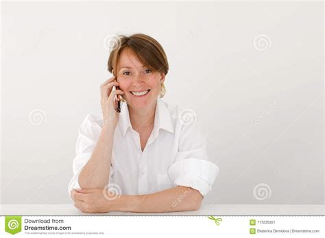 Cheerful Mature Woman With Smartphone Stock Image Image Of Sharing Casual 117235351