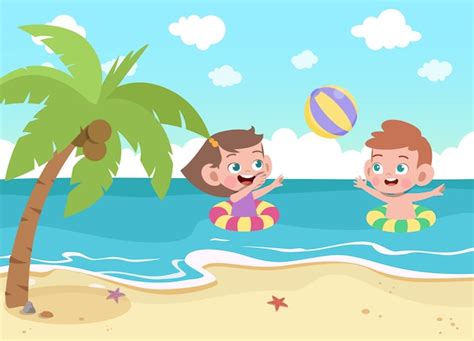 Los Niños Juegan En La Ilustración De La Playa Vector Premium