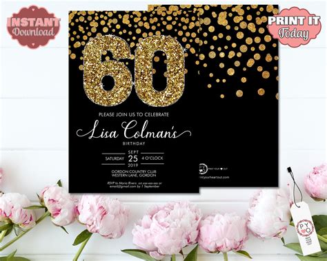 Diy 60th Birthday Confetti Invitation Printable Template Black Gold
