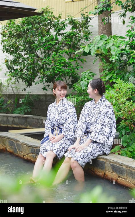 Young Japanese Women Bathing At Traditional Onsen Hot Spring Stock