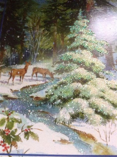 Vintage Christmas Glittered Card Deers At Stream Unusedenv Etsy