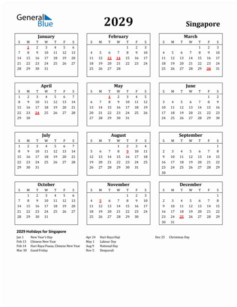 Free Printable 2029 Singapore Holiday Calendar