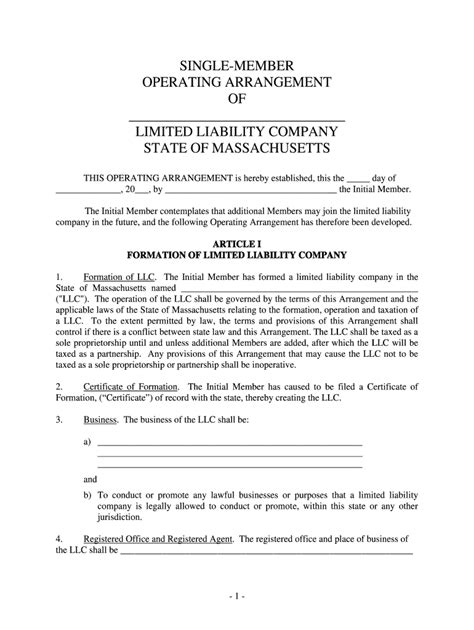Massachusetts Single Member Limited Liability Company Llc Operating