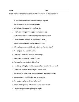 Add commas as needed in the sentences below. Grammar worksheet for comma practice by Living the ...