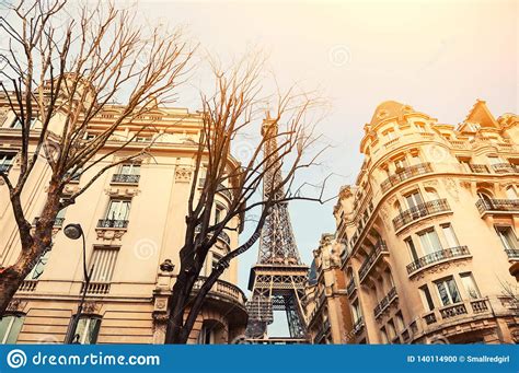 Eiffel Tower View From Cozy Street In Paris France Stock Photo Image