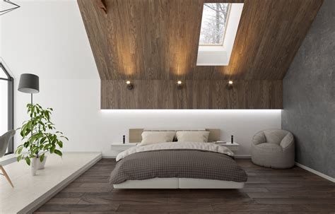 Sloped Bedroom Ceiling With Modern Wood Panels Dsigners