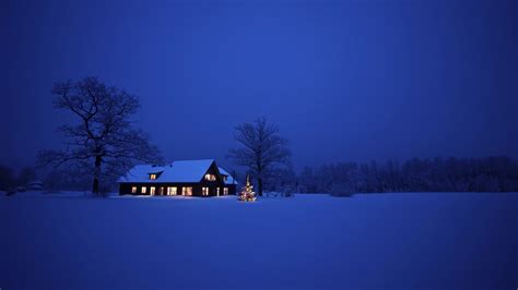 Snow House Trees Night Landscape Wallpapers Hd