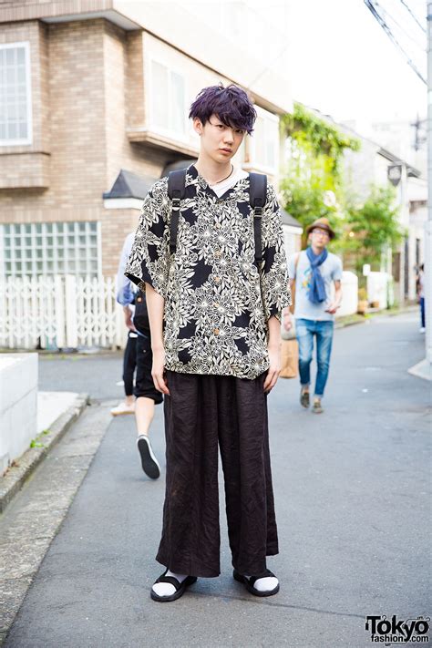Purple Haired Harajuku Guy In Floral Print Shirt And Wide Leg Pants Resale Fashion