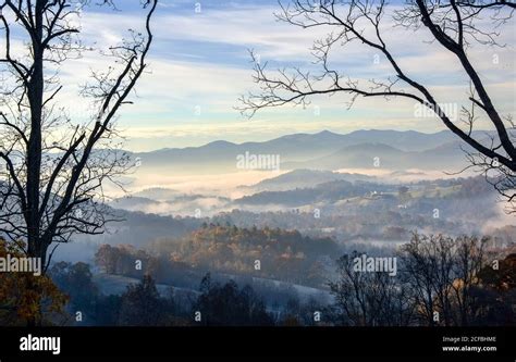 Early Morning Fog Rolls Into The Valley In Clyde North Carolina Stock