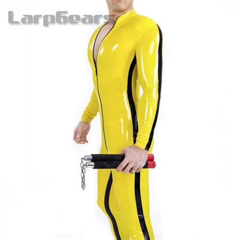 Men Yellow With Black Strip Latex Catsuit Fetish Rubber Bodysuit With