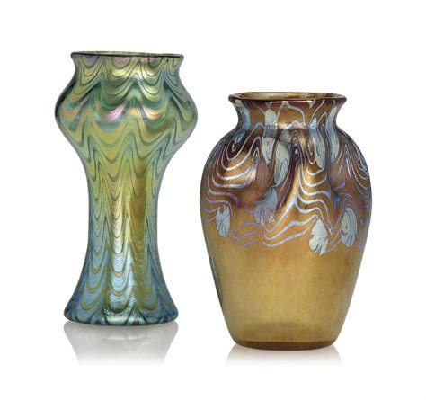 Two Loetz Iridescent Glass Vases Circa 1900 Green Vase Engraved Loetz Austria Christie S