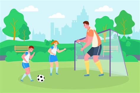 Fútbol En El Parque Deporte Ilustración Familiar Hijo Hija Y Padre