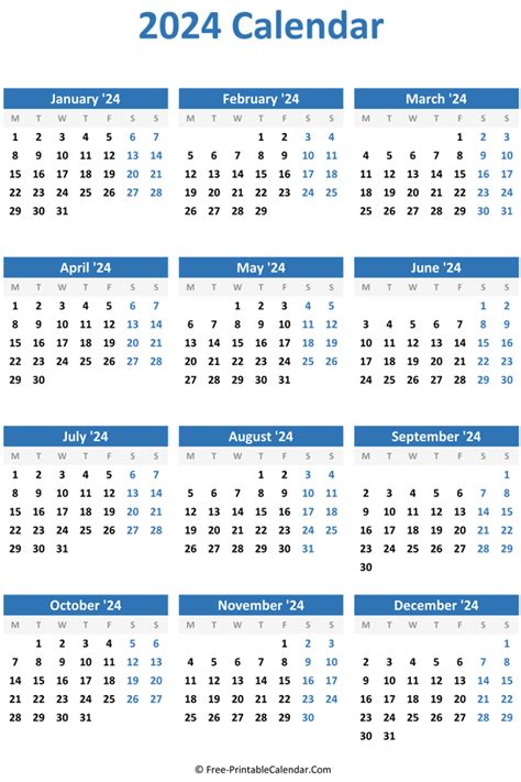 Free 2024 Printable Calendar