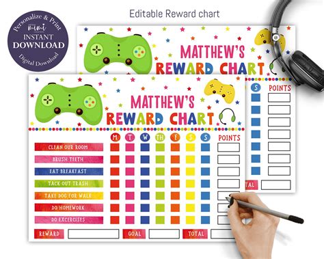 Editable Gaming Reward Chart Task Kids Chore Chart Remote Etsy