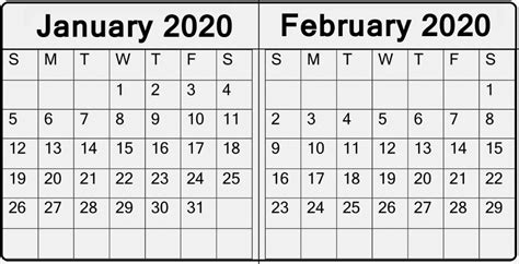 January February 2020 Calendar Download Two Month Calendar