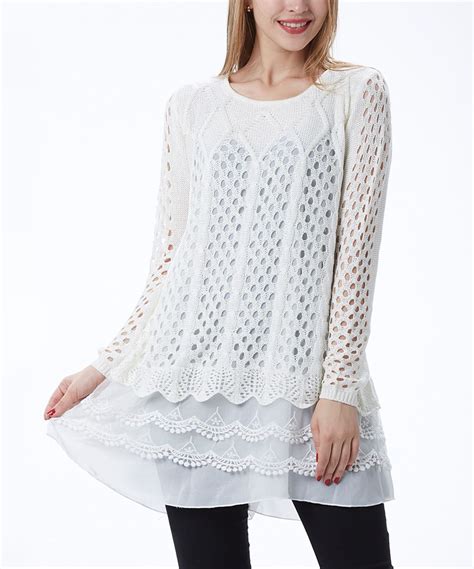 Simply Couture White Scallop Layered Sweater Tunic Layered Sweater