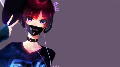 Download 1280x720 Anime Girl Mask Redhead Headphones