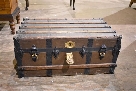 Antique Primitive Flat Top Wood Slat Train Trunk Luggage Chest By