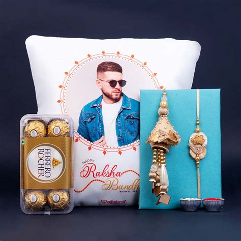 Send Bhaiya Bhabhi Rakhi With Personalized Photo Cushion And Ferrero