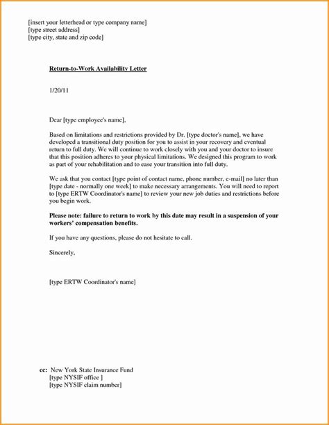 Sample Return To Work Letter From Employer To Employee
