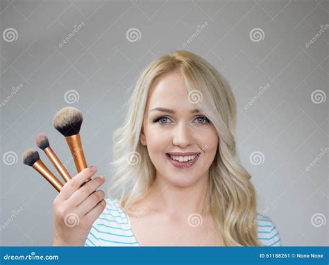 Beautiful Woman With Makeup Brushes Near Her Face Stock Image Image