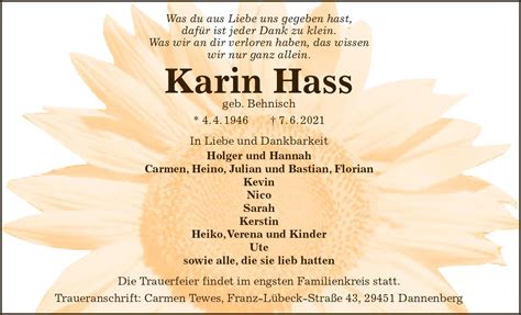 Das Trauerportal Für Lüchow Dannenberg › Todesanzeigen › Karin Hass