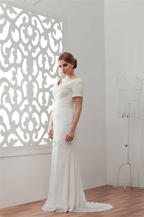Short Sleeves Sheathcolumn V Neck Beaded Sequins Wedding Dresses 2030903