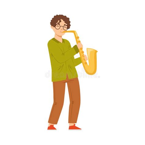 Teen Boy Standing And Playing Saxophone Performing On Stage Vector