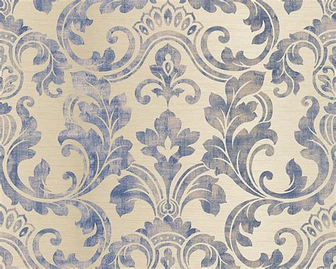 Damask Floral Trail Wallpaper In Blue And Cream Design By Bd Wall