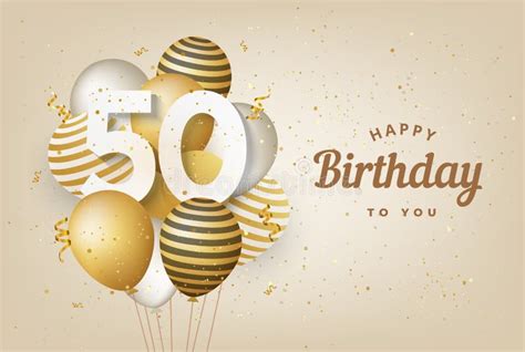 Happy 50th Birthday With Gold Balloons Greeting Card Background Stock