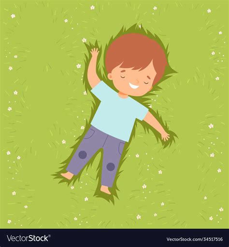 Top View Smiling Boy Lying Down On Green Lawn Vector Image