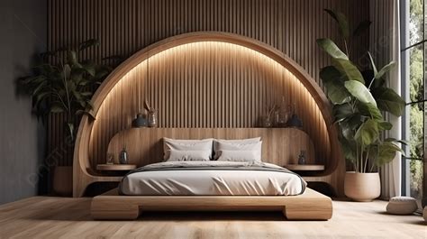 Minimalistic Tropical Bedroom With Curved Headboard And Wooden Bed 3d