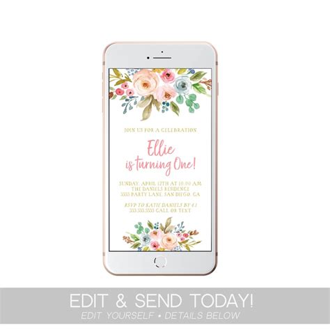 Electronic Birthday Invitation Template 1st Floral Text Etsy