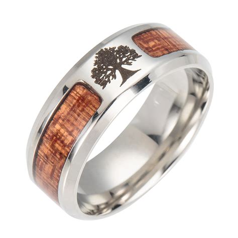Yimyik Stainless Steel Dome Ring Acacia Wood Inlay Wedding Ring Tree Of