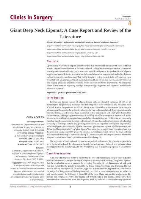 Pdf Giant Deep Neck Lipoma A Case Report And Review Of The