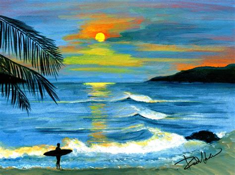 Tropical Sunset Waves Beach Colorful Painting Peinture