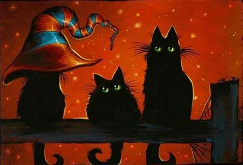 Witch Cats Black Cat Painting Black Cat Art Autumn Painting Canvas