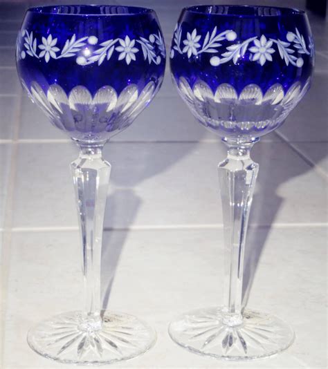 2 Ajka Cobalt Blue 7 34 Wine Goblets Hocks Cased Glass Etsy