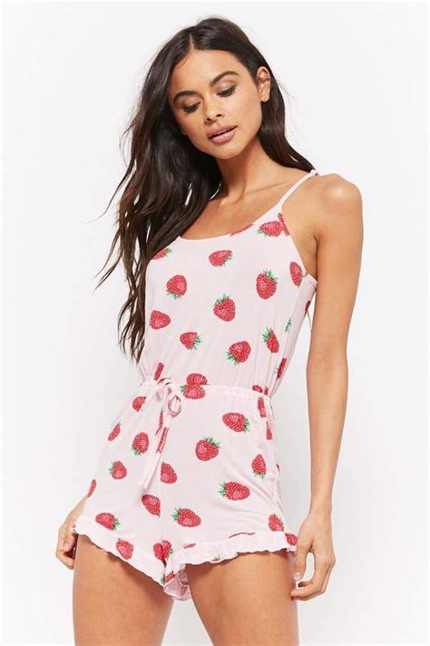 Strawberry Print Ruffle Trim Pajama Romper Girly Girl Outfits Lounge