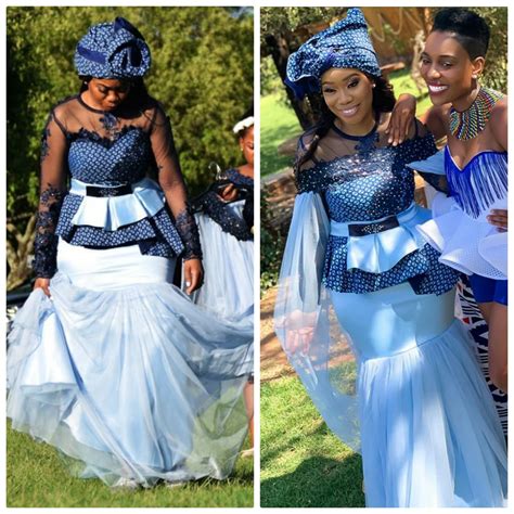 Tswana Bride In Mixed To Match Shweshwe Traditional Wedding Dress With Net Sleeves - Clipkulture