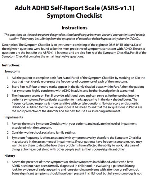 Adult Adhd Self Report Scale Asrs V11 Symptom Checklist Medworks Media