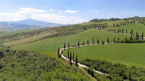 Amazing Aerial View Of Tuscany Countryside Winding Road In Spring