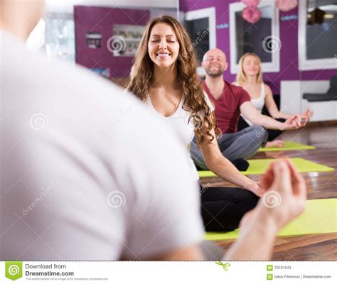 Adults Having Yoga Class Stock Image Image Of Interior